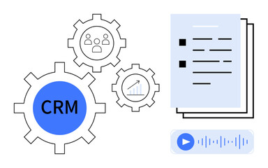 Fototapeta premium CRM inside gear, connecting smaller gears with graph and user icon checklist and audio file on side. Ideal for teamwork, automation, workflow, management, planning, analysis, optimization simple