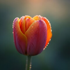 Naklejka premium Close-up of a vibrant tulip flower with dewdrops on its petals, illuminated by soft sunlight creating a serene and fresh atmosphere