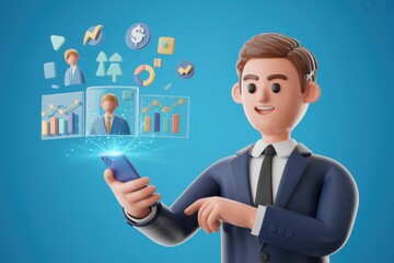 3D business man analyzing financial data on smartphone with digital interfaces