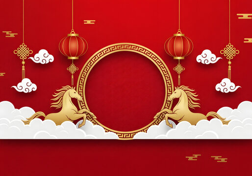 Golden horse circle frame with lanterns and clouds Luxurious red and gold decorative frame featuring two rearing horses lanterns clouds and traditional Chinese motifs