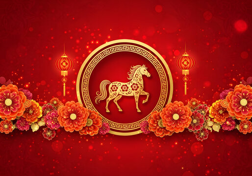 Golden horse medallion with red floral background Detailed Chinese style horse medallion with gold floral decorations prosperity and the Year of the Horse