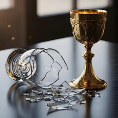 A broken glass and an ornate gold goblet on a dark surface with light background, illustrating fragility and contrast between destruction and elegance