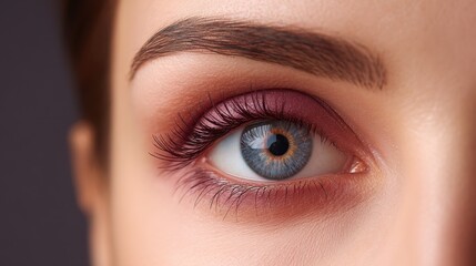 Obraz premium Close-up of an Elegant Female Eye with Beautiful Makeup featuring Vibrant Eyeshadow Tones and Lush Lashes Against a Soft Neutral Background