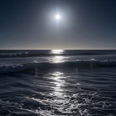 A serene night scene of the ocean illuminated by the bright moon reflecting on gentle waves under a clear starry sky
