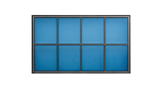 Modern Architectural Window Panel With Blue Glass Sections And A Silver Metal Frame Isolated On A Black Background