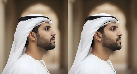 Side profile of a young Middle Eastern man wearing traditional white attire and a head covering, standing indoors with a blurred architectural background
