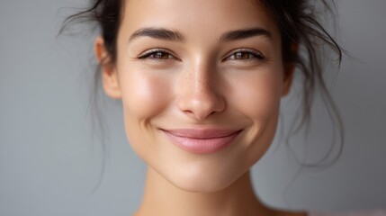 Naklejka premium Smiling young woman with natural beauty showcasing radiant skin and a joyful expression against a soft gray background in a portrait style image