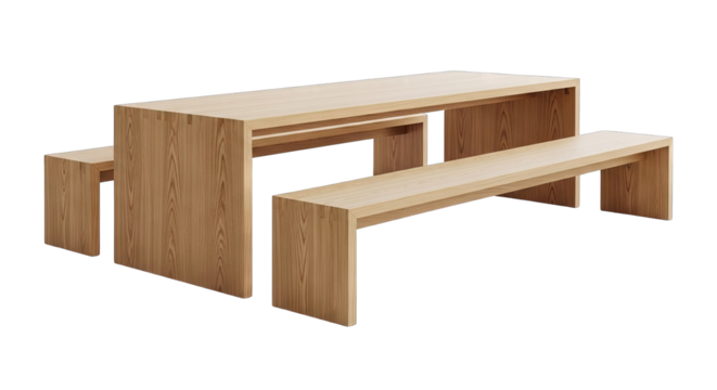 Modern Light Wood Dining Table with Two Matching Benches on Transparent Background Minimalist Furniture Design