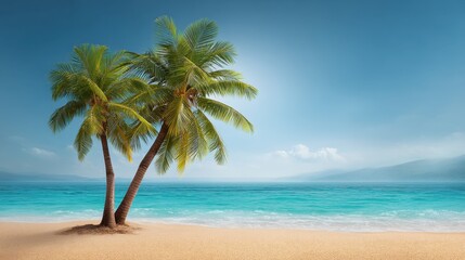 Obraz premium Serene Tropical Beach Scene with Palm Trees, Crystal Clear Water and Soft Sand Under a Bright Blue Sky Perfect for Travel and Nature Themes
