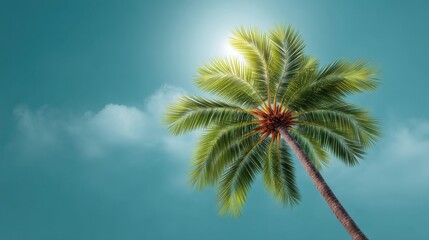 Fototapeta premium Lush Green Palm Tree Reaching Towards Bright Sun in Clear Blue Sky with Soft Clouds, Perfect for Tropical Vacation and Nature Inspired Themes