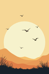 Warm minimalist landscape with a large sun, flying birds, and layered orange hills. Peaceful nature illustration symbolizing freedom, serenity, and open horizons.