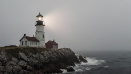 Obraz premium Lighthouse on a Rocky Coastline in Foggy Weather.