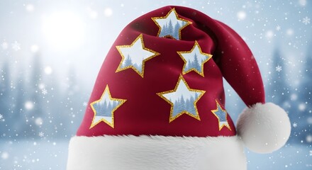Festive santa hat with star designs against a snowy winter wonderland backdrop