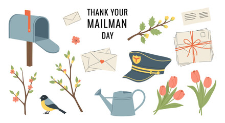 A collection of illustrations celebrating Thank Your Mailman Day, featuring a mailbox, letters, mailman's hat, spring branches, a bird, watering can, and tulips.