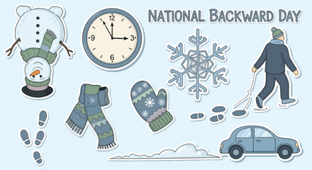 A collection of winter-themed illustrations depicting "National Backward Day" with an upside-down snowman, a backward-walking person, and a car.