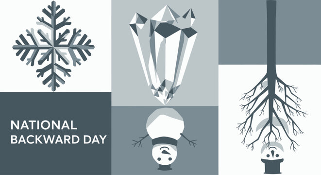 A monochromatic illustration celebrating National Backward Day, featuring a snowflake, inverted crystals, an upside-down snowman, a tree with roots up, and an inverted snow globe. - Powered by Adobe