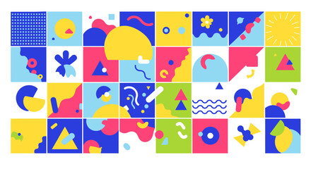 Fototapeta premium A vibrant grid of abstract squares featuring diverse geometric and organic shapes in a playful, modern graphic design style.