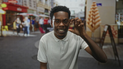 Young african american man smiling makes roaring hand gesture on a colorful bustling city street;...