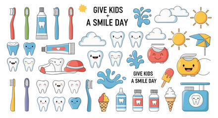 Collection of cartoon dental hygiene items and smiling teeth for 'Give Kids A Smile Day' event.