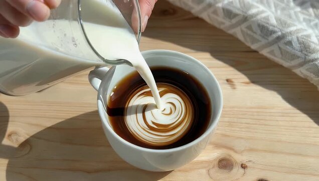Elegant 4K slow motion video captured from a top down view showing the gentle process of meticulously adding milk from a classic jug to a cup containing fragrant hot black tea illustrating the
