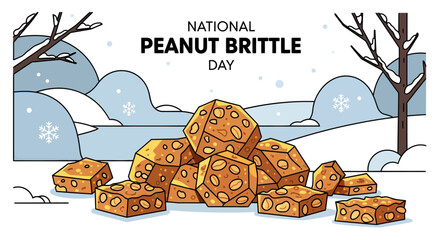 Naklejka premium An illustration celebrating National Peanut Brittle Day, featuring a large pile of golden peanut brittle pieces in a snowy winter landscape with bare trees and falling snowflakes.