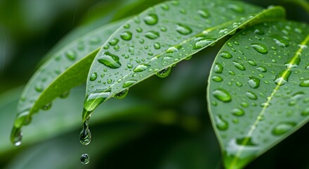 Close-up of vibrant green leaves with water droplets, showcasing freshness and natural beauty in a lush outdoor environment