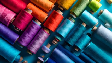 Vibrant Assortment of Colorful Thread Spools Textile Industry Supplies Crafting Materials and Sewing Accessories Overhead Shot of Rainbow Colored 