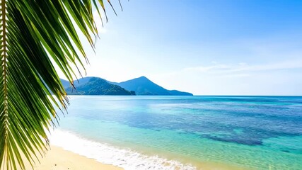 Tropical beach scene with clear turquoise ocean and bright sun through palm fronds - Powered by Adobe
