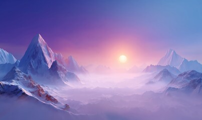 Glowing sun setting behind rugged peaks in pastel gradient sky over a misty valley at dusk with copy space