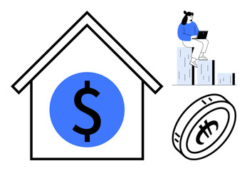 House with blue dollar sign, a coin, and woman sitting on bar graph analyzing data. Ideal for finance, wealth management, housing, investment, savings business growth remote work. Simple flat