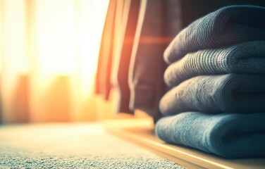 Cozy bedroom closet showcasing neatly folded clothes with ample copy space and soft lighting