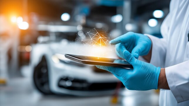 A technician uses a diagnostic tablet while repairing an electric vehicle in an automotive service center