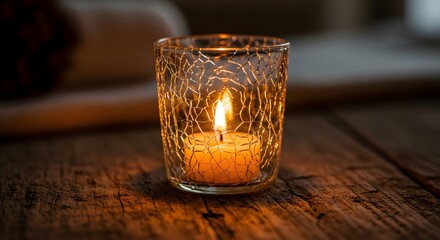 A lit candle inside a decorative glass holder with a crackled pattern casting a warm glow on a wooden surface in a cozy setting