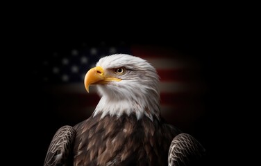 Obraz premium Majestic bald eagle against the backdrop of the American flag symbolizing freedom and patriotism