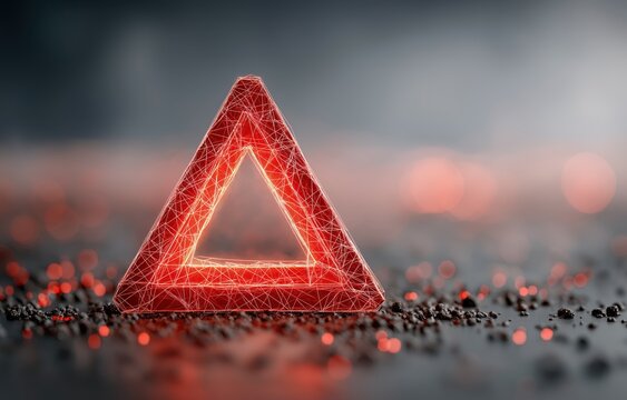 Warning sign in red glowing triangular shape surrounded by a blurred background in a digital network