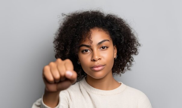 Determined woman in her 20s raising fist in confidence against a neutral background with copy space