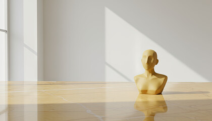 Pixelated beige bust sculpture sits on reflective marble floor in minimalist sunlit room with geometric shadows on white wall