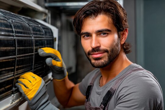 A technician works on fixing an air conditioning unit in a stylish home environment. The focus is on his hands and tools as he conducts maintenance in bright indoor lighting