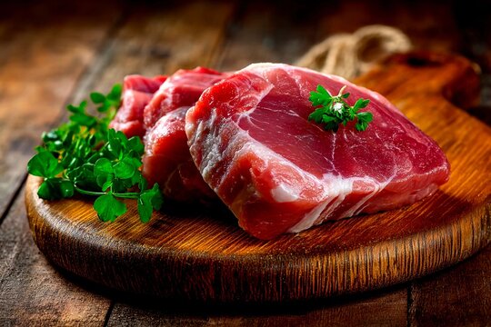 Raw pork chops are neatly arranged on a wooden cutting board, accompanied by fresh herbs, creating a rustic and appetizing display in a warm kitchen environment - Powered by Adobe