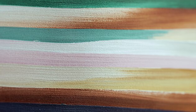 Abstract painting with horizontal brush strokes in muted earthy tones and soft pastels creating a textured visual effect