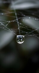 Close-up of a delicate spider web with a single water droplet hanging in the center, reflecting the surrounding environment in a natural outdoor setting