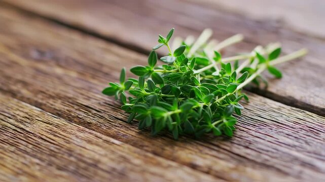 Fresh Thyme Herb Still Life: Aromatic Culinary Ingredient on Rustic Wooden Table