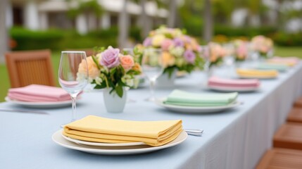 Elegant outdoor dining setup with pastel napkins and floral centerpieces.