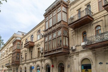 Baku, Azerbaijan. View of a traditional wooden balcony of a house in the center of the old city.