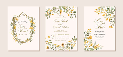 wedding invitation set with yellow wildflower watercolor frame
