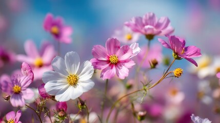 Fototapeta premium Colorful Wildflowers in Bloom Against a Blue Sky with Soft Focus, Celebrating the Beauty of Nature and the Vibrancy of Springtime Landscapes