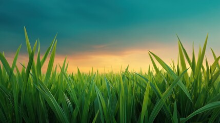 Obraz premium Lush Green Grass Under a Dramatic Sky at Sunset with Vibrant Hues of Blue and Orange Illuminating the Landscape in Early Evening