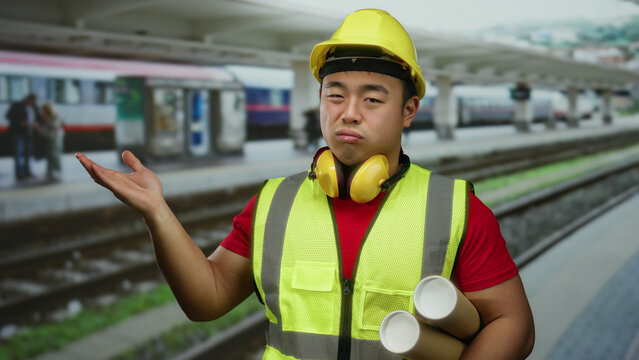 Young man in reflective vest and hard hat holds blueprints at busy railway station platform, appearing thoughtful and focused on construction or rail project plans.