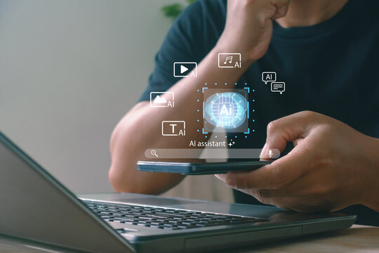AI assistant on mobile phone device managing content generation for text, video, music and image with smart automation technology, providing convenient access to multimedia tool in digital environment