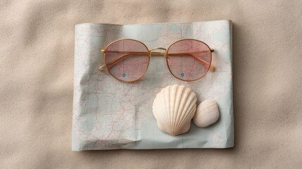 Stylish pink sunglasses resting on a folded map with seashells, perfect for summer vacations and travel inspiration on sandy backgrounds